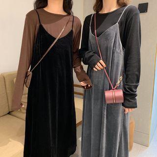 Spaghetti-strap Velvet Midi Dress / Long-sleeve T-shirt