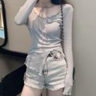 Long-sleeve Slit-front Top Gray - One Size