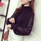 Mock-neck Dotted Long-sleeve Chiffon Top