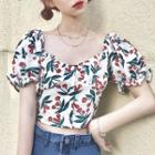 Cherry Print Square-neck Short-sleeve Crop Top White - One Size