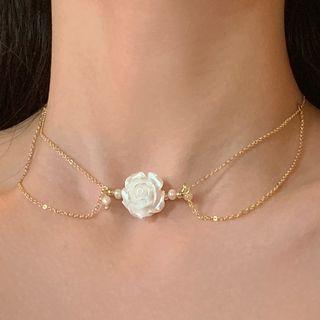 Resin Flower Layered Choker 0669a - White Flower - Gold - One Size