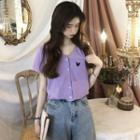 Butterfly Embroidered Cropped Button Top
