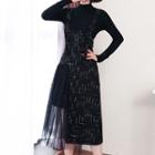 Set: Long-sleeve Mock-neck Knit Top + Midi A-line Tweed Dress