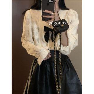 V-neck Bow Blouse / Faux Leather Mini A-line Skirt