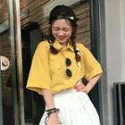 Plain Collard Pocket Short-sleeve Blouse