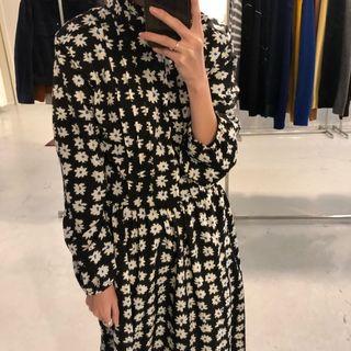 Floral Print Long-sleeve Midi Dress Black - One Size