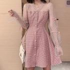 Long-sleeve Checked Dotted Mesh A-line Mini Dress