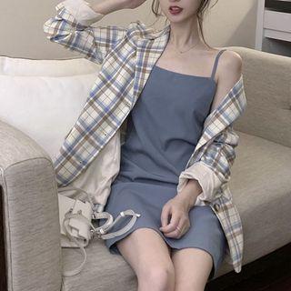 Plain Spaghetti-strap Dress / Plaid Blazer