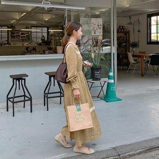 Balloon-sleeve Lace-trim Floral Long Dress