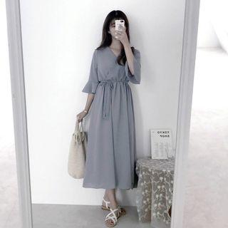 3/4-sleeve Plain A-line Midi Dress