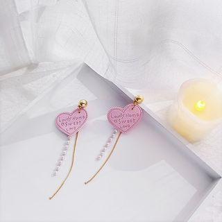 Heart Faux Pearl Fringed Earring Heart - Pink - One Size