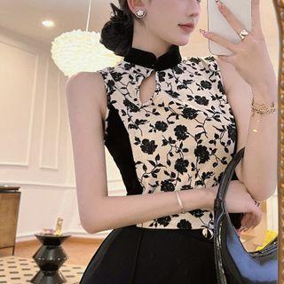 Mandarin Collar Floral Crop Tank Top