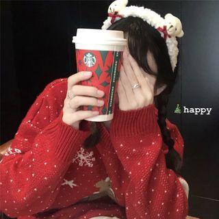 Christmas Print Knit Sweater Red - One Size