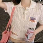 Short-sleeve Letter Embroidered Crop Polo Knit Top Beige Almond - One Size