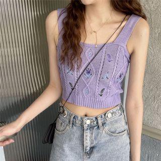 Embroidered Cable-knit Camisole Top