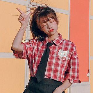 Short-sleeve Bear Embroidered Plaid Shirt