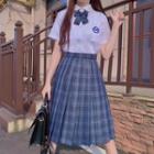 Short-sleeve Badge Embroidered Shirt / Plaid Bow Tie / A-line Skirt