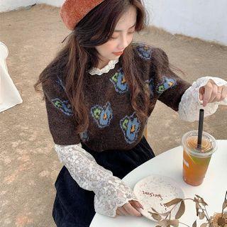 Flower Print Short-sleeve Sweater - 2 Colors