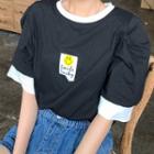 Puff-sleeve Smiley Face Print T-shirt