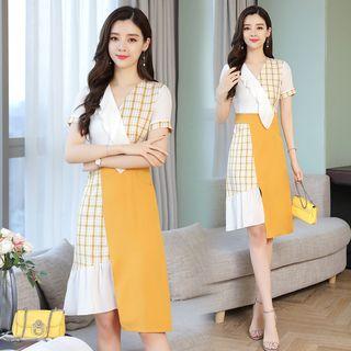 Plaid Panel Short-sleeve Asymmetric Sheath Dress
