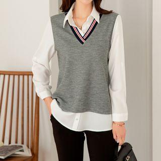 V-neck Knit Vest Overlay Shirt