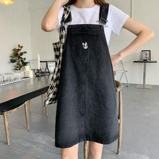 Short-sleeve Plain Shirt / Denim Dog Embroidered Jumper Dress