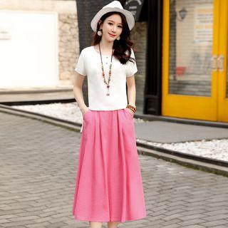 Set: Lace-up Short-sleeve T-shirt + Midi A-line Skirt
