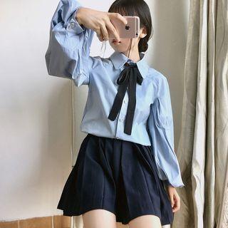 Bow-accent Loose-fit Puff-sleeve Blouse