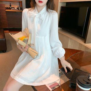 Long-sleeve Bow Accent Plain Loose-fit Dress