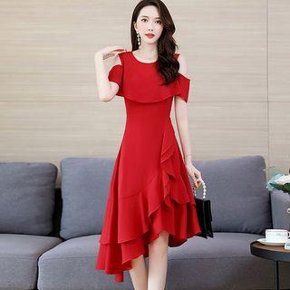 Short-sleeve Cold Shoulder Asymmetcal A-line Dress