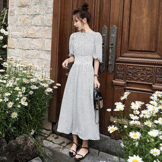 Elbow-sleeve Dotted A-line Maxi Dress