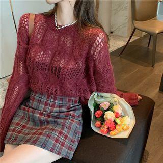 Loose-fit Open-knit Top / High-waist Plaid Mini Skirt