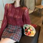 Loose-fit Open-knit Top / High-waist Plaid Mini Skirt