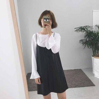 Set: Bell-sleeve Top + Pu Dress