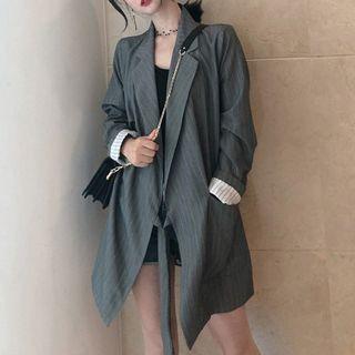 Pinstriped Tie-closure Long Blazer