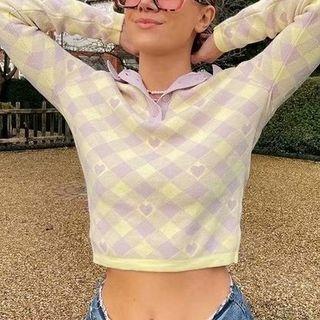 Long Sleeve Heart & Argyle Print Polo Sweater Yellow - One Size
