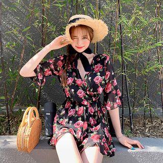 Wrap-front Ruffled Rosette Playsuit