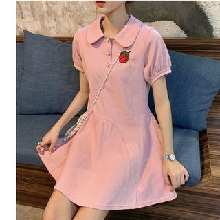 Short-sleeve Embroidered Strawberry A-line Mini Polo Dress