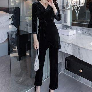 Set: 3/4-sleeve Wrap Top + Straight-leg Pants