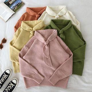 Plain Lace-up Loose-fit Long-sleeve Knit Sweater