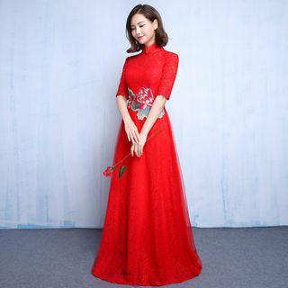 Elbow-sleeve Stand-collar Evening Dress