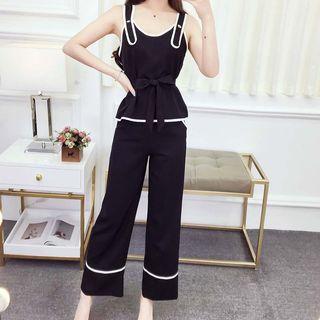 Set: Contrast Trim Sleeveless Top + Wide-leg Pants