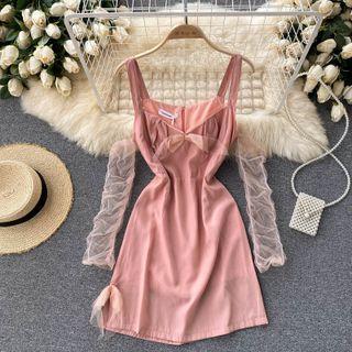 Bow Mesh Long-sleeve Spaghetti-strap Dress