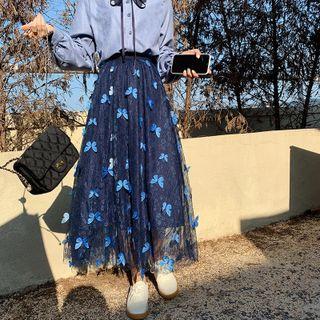 Butterfly Mesh Midi A-line Skirt
