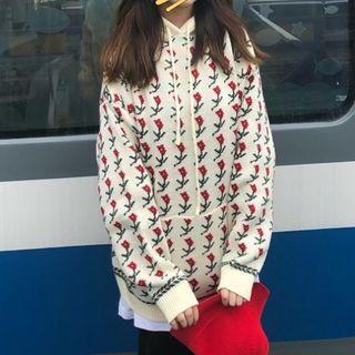Jacquard Knit Hoodie Red & Green & White - One Size