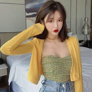 Ribbed Cropped Jacket / Floral Strapless Top