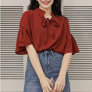 Ruffle Elbow-sleeve Blouse / Denim A-line Skirt