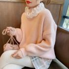 Lace-trim Mock-neck Sweater Light Pink - One Size