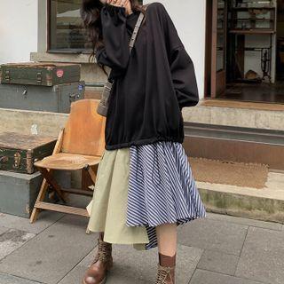 Mock Two-piece Long-sleeve Print Panel Midi Dress