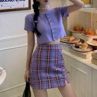 Set: Short-sleeve Cropped Cardigan + Plaid A-line Skirt